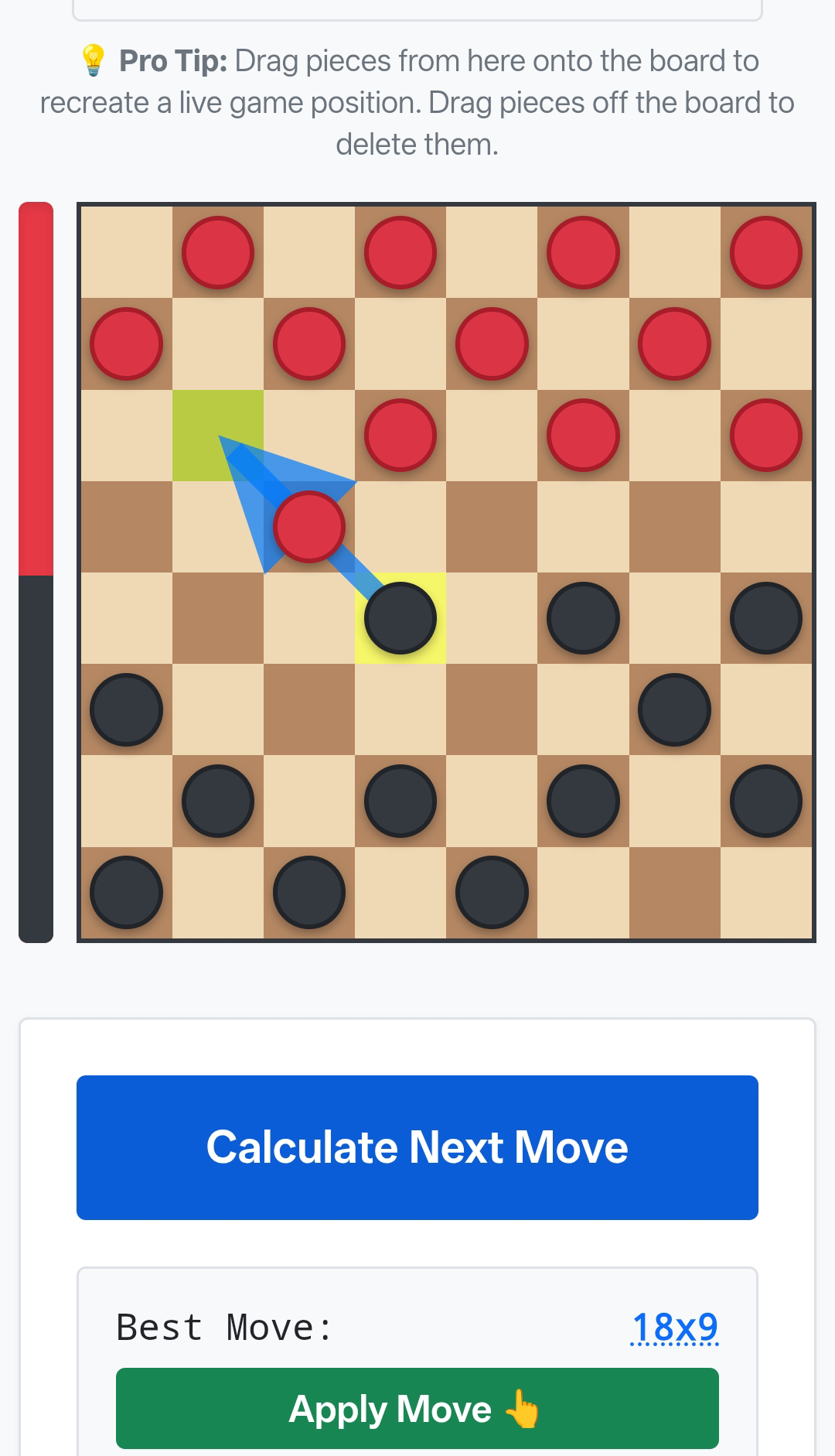 Next Checkers Move AI Solver calculating optimal jumping move with blue arrow