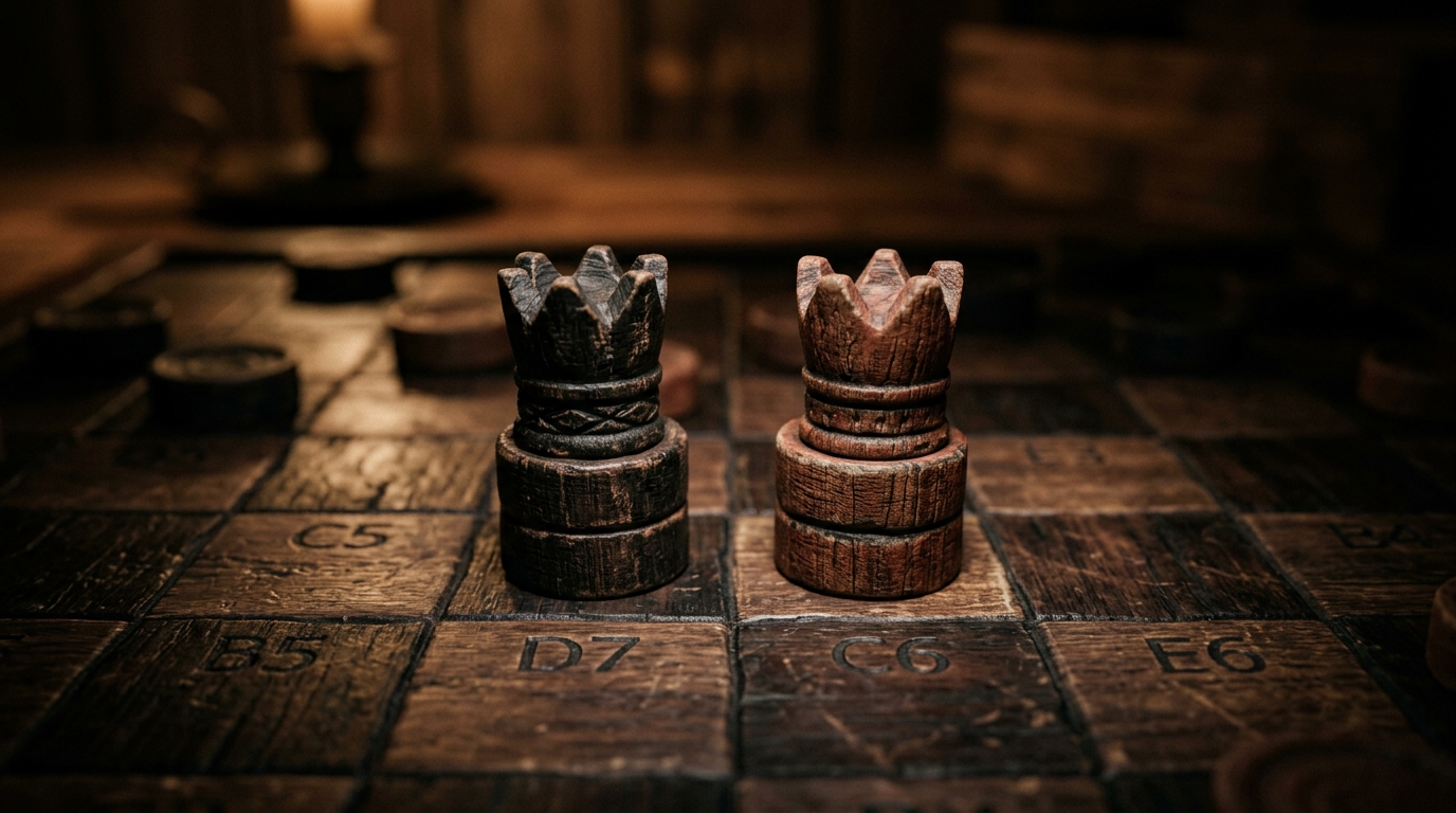 Checkers endgame position demonstrating king opposition and corner traps