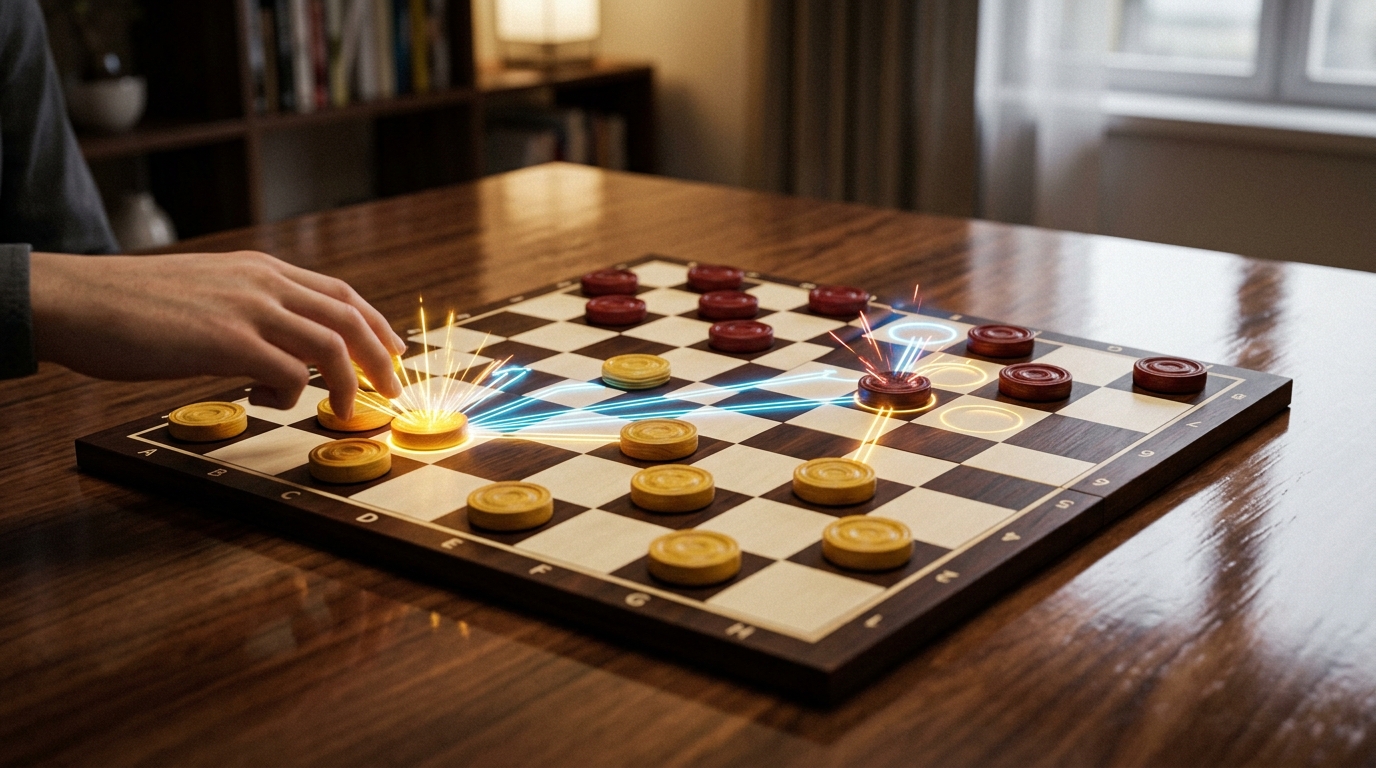 Checkers opening setup illustrating central diagonal battle and piece pyramids